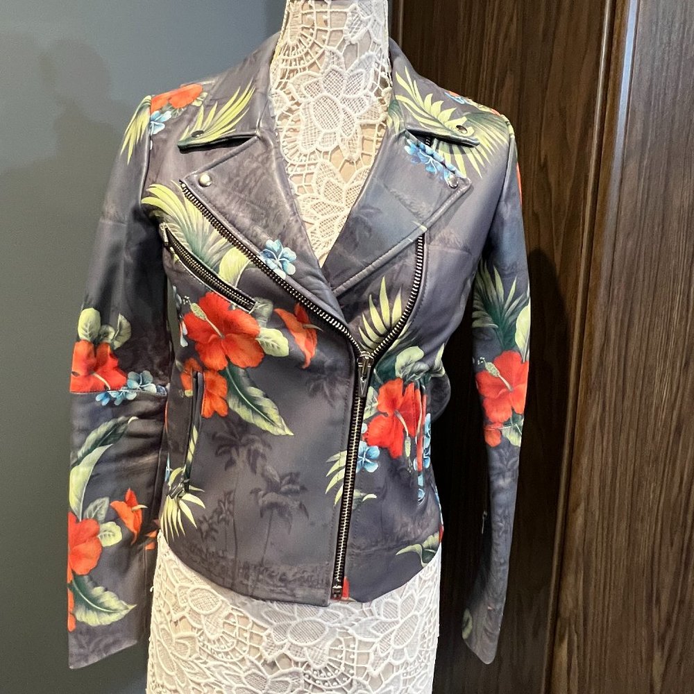 VEDA Grey Lamb Leather Floral Print Biker Jacket - Size PS